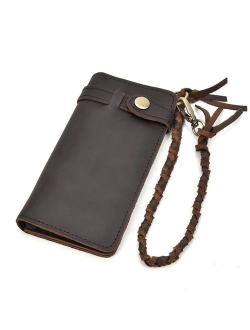 LUUFAN Men's Genuine Leather Long Wallet Chain Wallet, Engraved Bifold Wallet