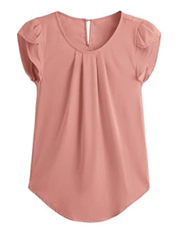 Women's Casual Round Neck Basic Pleated Top Cap Sleeve Curved Keyhole Back Blouse