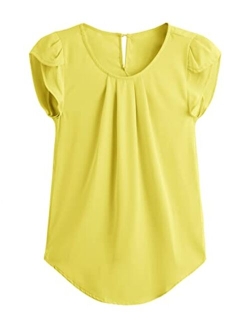 Women's Casual Round Neck Basic Pleated Top Cap Sleeve Curved Keyhole Back Blouse