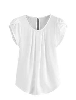 Women's Casual Round Neck Basic Pleated Top Cap Sleeve Curved Keyhole Back Blouse