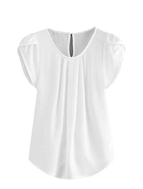 Milumia Women's Casual Round Neck Basic Pleated Top Cap Sleeve Curved Keyhole Back Blouse