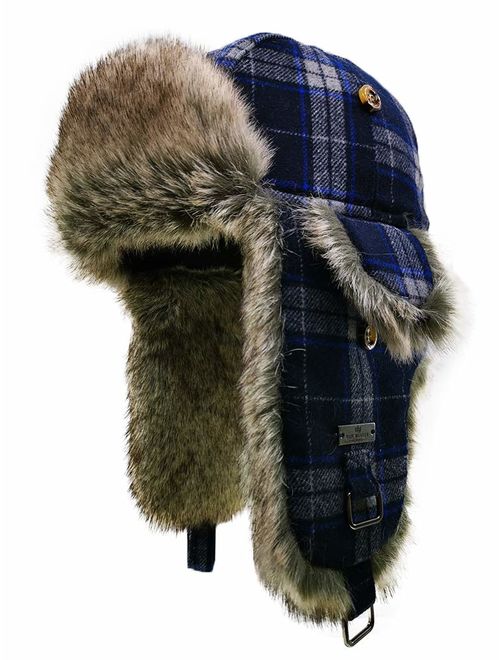 FUR WINTER Wool Blend Buffalo Check Faux Fur Aviator Outdoor Trapper Trooper Pilot Ski Hat