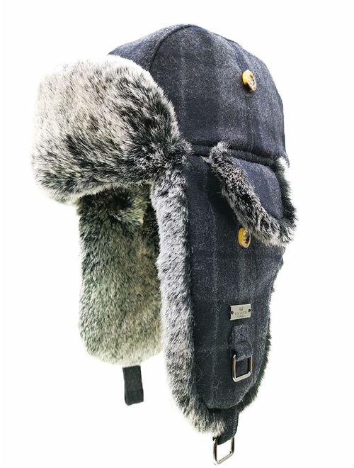 FUR WINTER Wool Blend Buffalo Check Faux Fur Aviator Outdoor Trapper Trooper Pilot Ski Hat