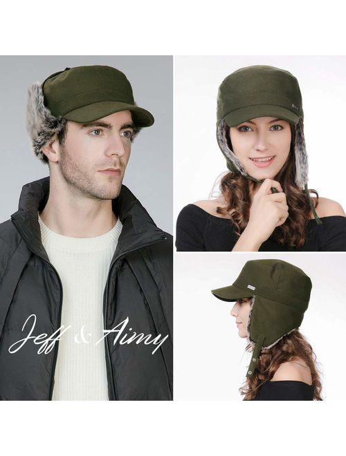 Jeff & Aimy Mens Winter Wool Blend/Cotton Military Cadet Army Cap Flat Top Baseball Hat