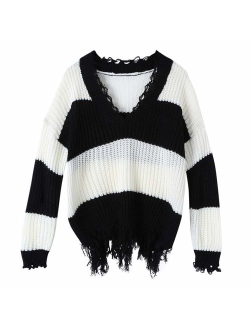 ZAFUL Women's Loose Long Sleeve V-Neck Ripped Pullover Knit Sweater Crop Top