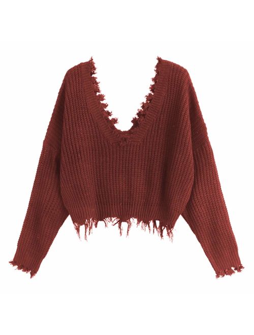 ZAFUL Women's Loose Long Sleeve V-Neck Ripped Pullover Knit Sweater Crop Top