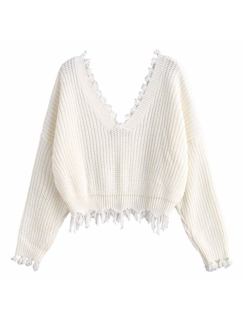 ZAFUL Women's Loose Long Sleeve V-Neck Ripped Pullover Knit Sweater Crop Top