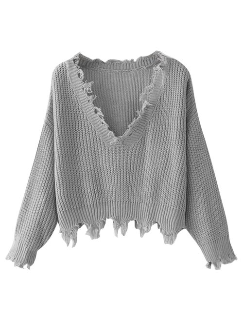 ZAFUL Women's Loose Long Sleeve V-Neck Ripped Pullover Knit Sweater Crop Top