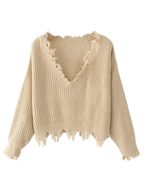 ZAFUL Women's Loose Long Sleeve V-Neck Ripped Pullover Knit Sweater Crop Top