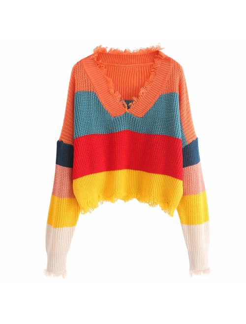 ZAFUL Women's Loose Long Sleeve V-Neck Ripped Pullover Knit Sweater Crop Top