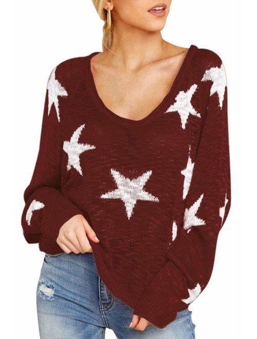 COCOLEGGINGS Women's Boat V Neck Long Sleeve Star Pullover Sweater Tunic Tops