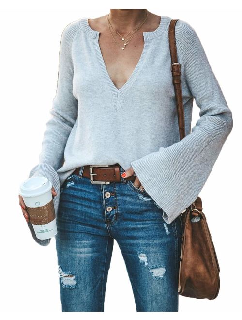 HZSONNE Women's Casual Crew Deep V Neck Kimono Bell Sleeve Loose Fit Solid Pullover Sweater Knitted Jumper Tops Knitwear