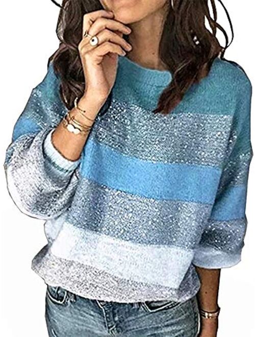 Angashion Women's Leopard Sweaters Casual Long Sleeve Crewneck Color Block Patchwork Pullover Knit Sweater Tops