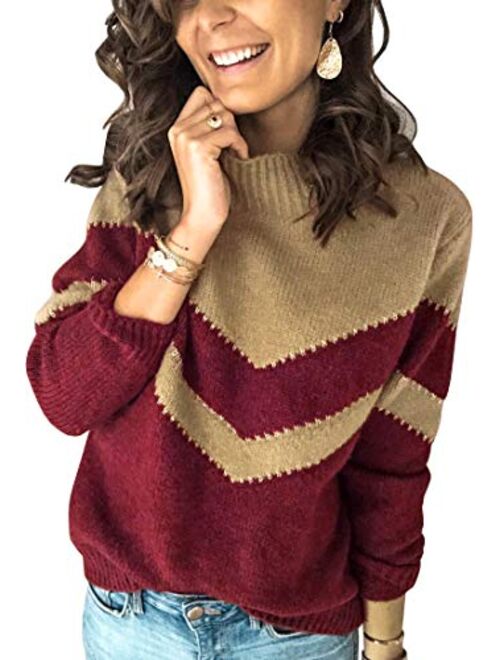 Angashion Women's Leopard Sweaters Casual Long Sleeve Crewneck Color Block Patchwork Pullover Knit Sweater Tops