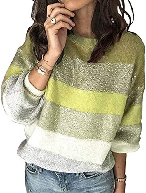 Angashion Women's Leopard Sweaters Casual Long Sleeve Crewneck Color Block Patchwork Pullover Knit Sweater Tops