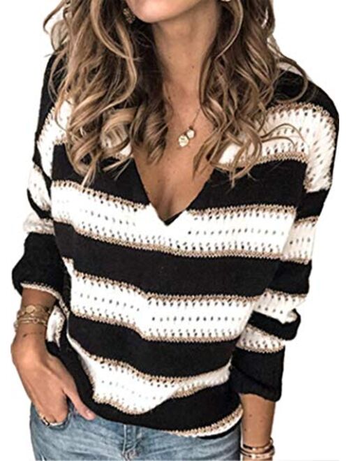 Angashion Women's Leopard Sweaters Casual Long Sleeve Crewneck Color Block Patchwork Pullover Knit Sweater Tops