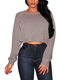 Pink Queen Women's Knit Long Sleeves Cropped Sweater Top