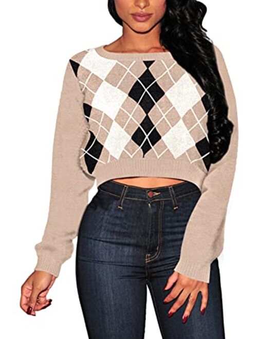 Pink Queen Women's Knit Long Sleeves Cropped Sweater Top