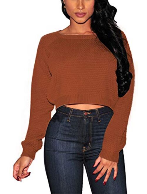 Pink Queen Women's Knit Long Sleeves Cropped Sweater Top