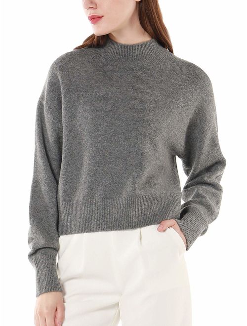 Woolen Bloom Women Mock Neck Loose Sweater Pullover Long Sleeve Sweaters Crop Lightweight Winter Casual Tops Oversized