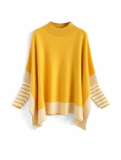 Chicwish Women's Mustard/Black/Caramel/Olive/Grey Striped Oversize Soft Knit Cape Sweater Pullover