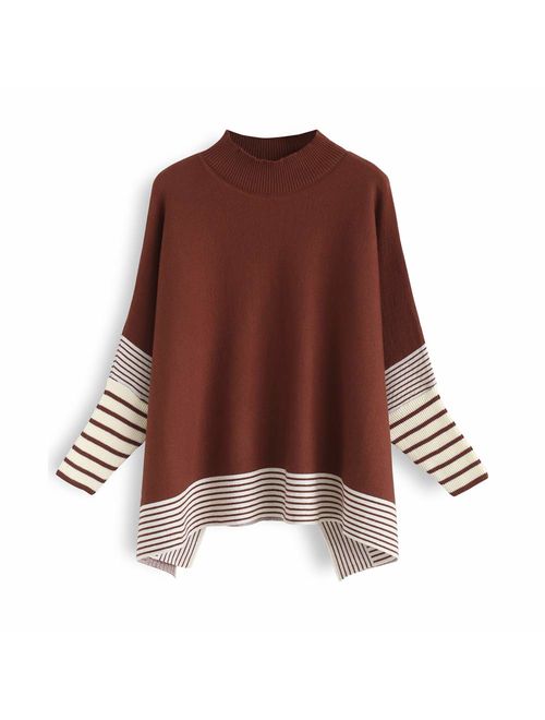 Chicwish Women's Mustard/Black/Caramel/Olive/Grey Striped Oversize Soft Knit Cape Sweater Pullover