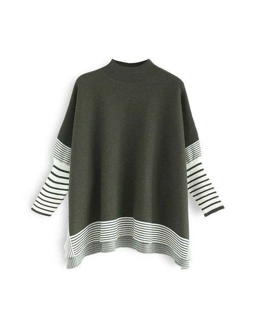 Chicwish Women's Mustard/Black/Caramel/Olive/Grey Striped Oversize Soft Knit Cape Sweater Pullover