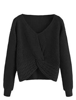 Women's Casual V Neck Sweater Long Sleeve Knot Front Crop Top Pullovers