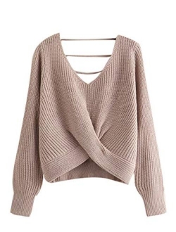 Women's Casual V Neck Sweater Long Sleeve Knot Front Crop Top Pullovers