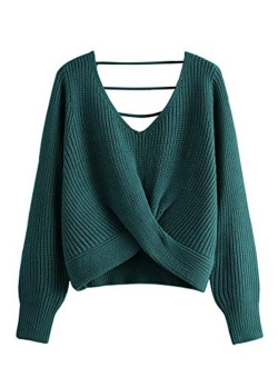 Women's Casual V Neck Sweater Long Sleeve Knot Front Crop Top Pullovers