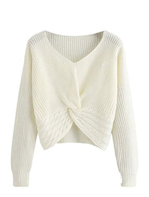 MAKEMECHIC Women's Casual V Neck Sweater Long Sleeve Knot Front Crop Top Pullovers