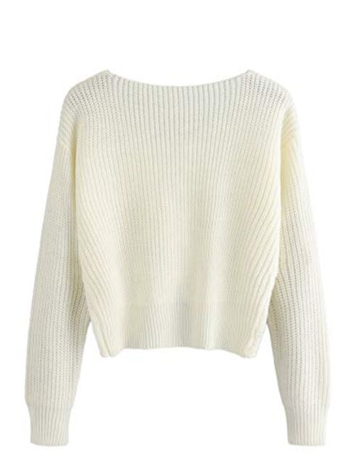 MAKEMECHIC Women's Casual V Neck Sweater Long Sleeve Knot Front Crop Top Pullovers