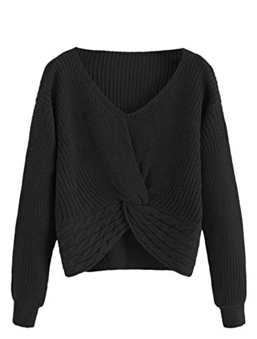 MAKEMECHIC Women's Casual V Neck Sweater Long Sleeve Knot Front Crop Top Pullovers