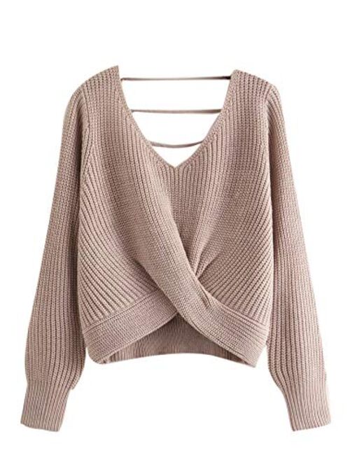 MAKEMECHIC Women's Casual V Neck Sweater Long Sleeve Knot Front Crop Top Pullovers