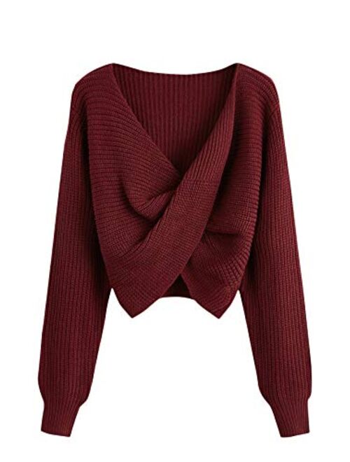 MAKEMECHIC Women's Casual V Neck Sweater Long Sleeve Knot Front Crop Top Pullovers