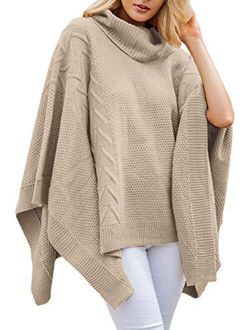 Women's Chic Turtleneck Batwing Sleeve Asymmetric Knitted Poncho Pullovers Sweater