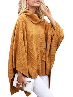 Women's Chic Turtleneck Batwing Sleeve Asymmetric Knitted Poncho Pullovers Sweater