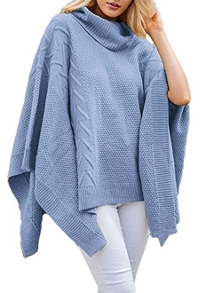 Women's Chic Turtleneck Batwing Sleeve Asymmetric Knitted Poncho Pullovers Sweater