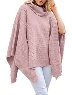 Women's Chic Turtleneck Batwing Sleeve Asymmetric Knitted Poncho Pullovers Sweater