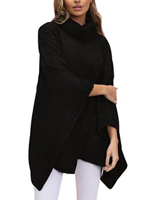 BerryGo Women's Chic Turtleneck Batwing Sleeve Asymmetric Knitted Poncho Pullovers Sweater