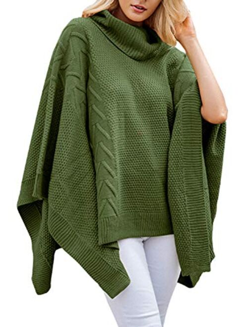 BerryGo Women's Chic Turtleneck Batwing Sleeve Asymmetric Knitted Poncho Pullovers Sweater