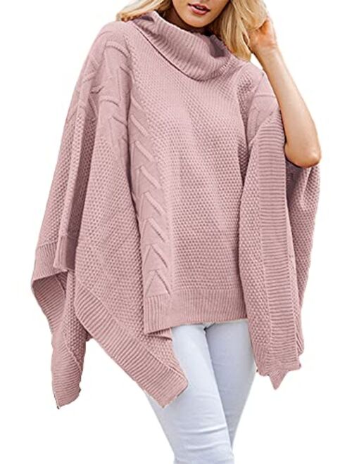 BerryGo Women's Chic Turtleneck Batwing Sleeve Asymmetric Knitted Poncho Pullovers Sweater