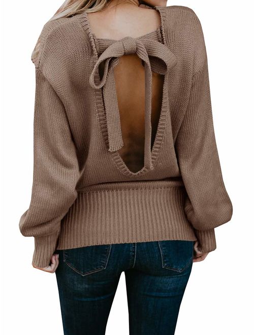 Chuanqi Womens Oversized Sweaters Winter Sexy Open Back Pullover Sweater Chunky Cable Knit Tops