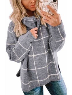 ECOWISH Women Pullover Sweater Turtleneck Plaid Long Sleeve Loose Casual Chunky Checked Knitted Winter Sweaters Jumper Tops