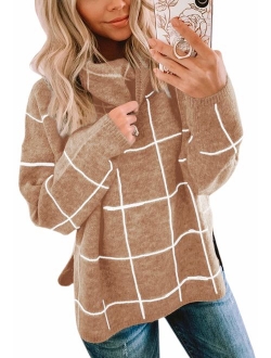 ECOWISH Women Pullover Sweater Turtleneck Plaid Long Sleeve Loose Casual Chunky Checked Knitted Winter Sweaters Jumper Tops