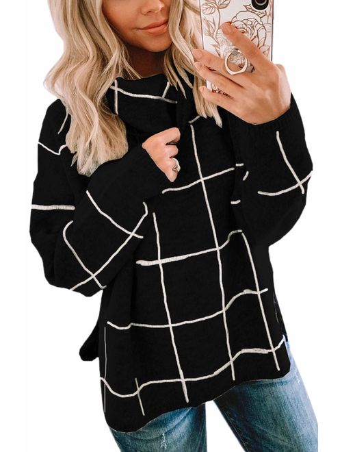 ECOWISH Women Pullover Sweater Turtleneck Plaid Long Sleeve Loose Casual Chunky Checked Knitted Winter Sweaters Jumper Tops