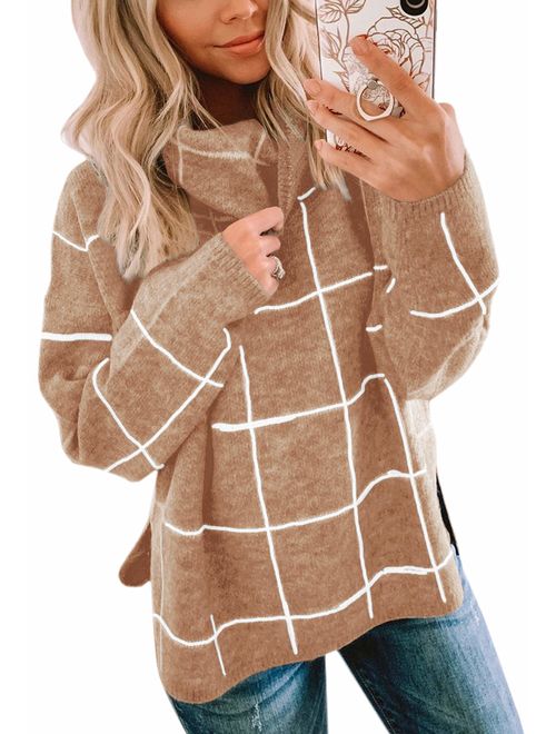 ECOWISH Women Pullover Sweater Turtleneck Plaid Long Sleeve Loose Casual Chunky Checked Knitted Winter Sweaters Jumper Tops