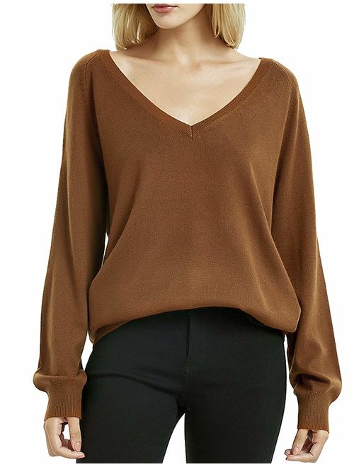 Kallspin Women's Deep V Neck Cashmere Wool Blended Sweater Relaxed Fit Soft Knit Sweater Long Sleeve Pullover for Fall Winter