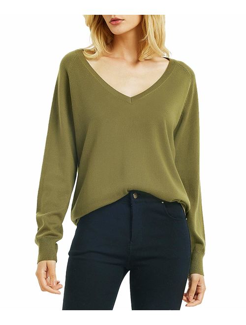 Kallspin Women's Deep V Neck Cashmere Wool Blended Sweater Relaxed Fit Soft Knit Sweater Long Sleeve Pullover for Fall Winter