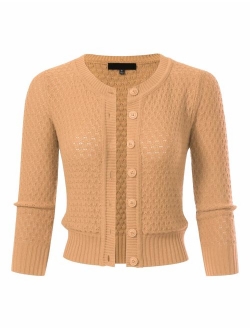 Women's Button Down 3/4 Sleeve Cropped Knit Cardigan Crochet Sweater (S-3XL)